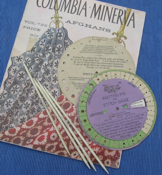 Non-Inflammable knitting needles, gauges, and cover of book mentioning non-inflammable hooks/pins