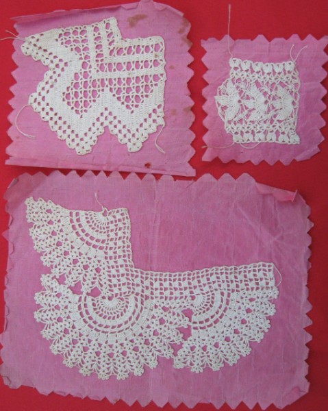 Crochet Samples on Pink Oil Cloth Swatches a